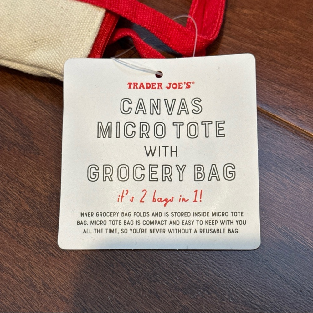 Trader Joe's Red micro Tote Bag with reusable bag holiday collection gift - Picture 2 of 7